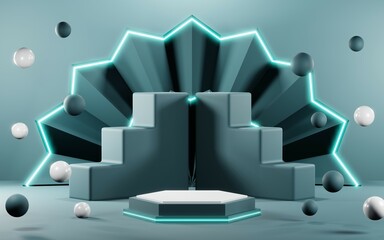 3D render of Podium background in blue tones for displaying cream products. cosmetics