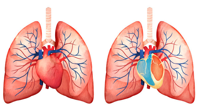 肺と心臓の血液循環の水彩風イラストセット