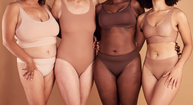 Diversity, women and real body with natural beauty, skincare and wellness together on studio background. Closeup group of female models in underwear for self love, empowerment and inclusive community
