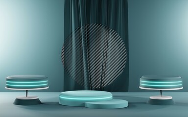 3D render of Podium background in blue tones for displaying cream products. cosmetics