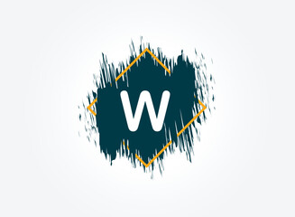 W letter logo design with blue ink stroke over golden square frame.