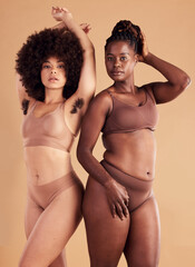 Body positive, empowerment and black women with body hair for natural beauty, care for skin and confidence on brown studio background. Self love, wellness and African model friends with hairy armpit - obrazy, fototapety, plakaty