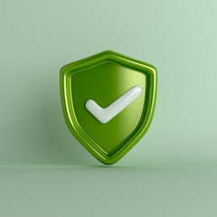 Green shield with check mark, secured protection concept, 3d rendering illustration