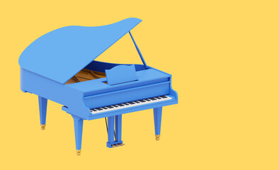 Blue grand piano, musical instrument. 3d rendering. Icon on yellow background, space for text.
