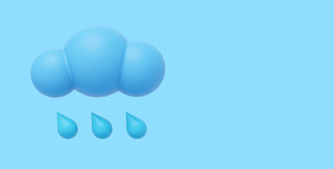 Blue cartoon cloud with rain. 3D rendering. Icon on blue background, space for text.