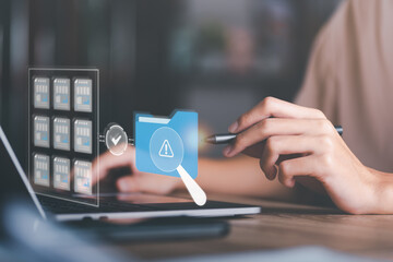 Businessman checking steps through a virtual online document with a list of checkboxes Concepts of practices and policies, company articles of association Terms and Conditions,document management.