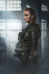 Art of female soldier with brown hairs dressed in uniform in abandoned city.