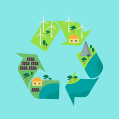 icon, sticker, poster on the theme of saving and renewable energy with renewable icon and landscape with wind turbine, solar panels, houses and trees..