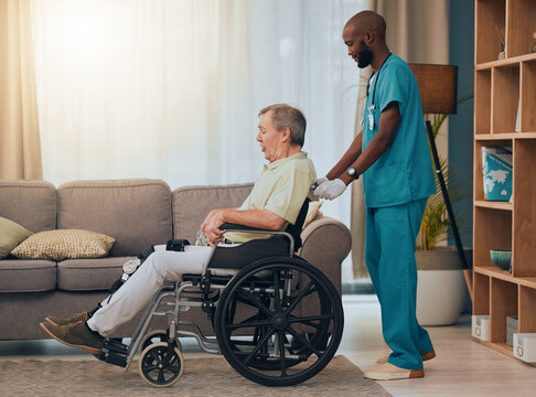 Black Man, Senior Or Wheelchair Help In Nursing Home Or Retirement House In Surgery Rehabilitation, Physiotherapy Or Healthcare Trust. Nurse, Medical Worker Or Caregiver Or Disability Elderly Patient