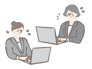 ビジネス　パソコン　女性　2人　悩む　困る　イラスト