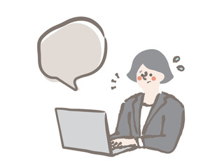 ビジネス　パソコン　女性　悩む　困る　吹き出し　イラスト