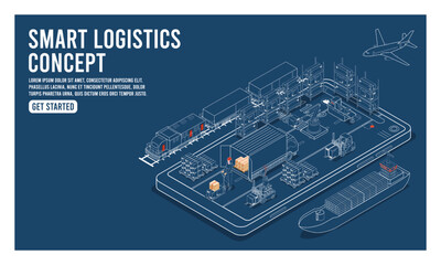 3D isometric Smart logistics concept with Delivery Robot, Warehouse Logistics and Management, Logistics solutions complete supply chain, transportation truck. Eps10 vector illustration