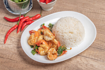 Shrimp basil with steamed rice.Thai spicy food.Street food