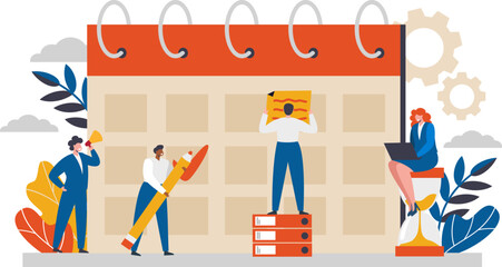 Flat vector illustration. The concept of business planning, time management. One person leads a team and schedules time 
