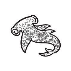 Ink floral hammerhead shark in hand drawn style. Vector illustration