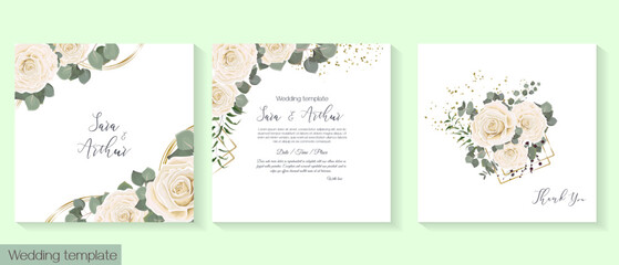 Fototapeta na wymiar Floral design for wedding invitation. Golden geometric shapes, white beige roses, ranunculus, green plants, eucalyptus.