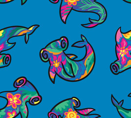 Fototapeta na wymiar Seamless pattern with floral hammerhead sharks isolated on blue background