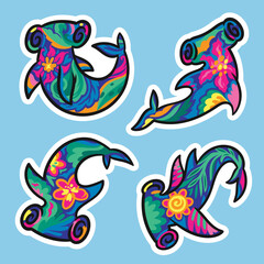 Sticker set of four bright floral hammerhead shark in hand drawn style