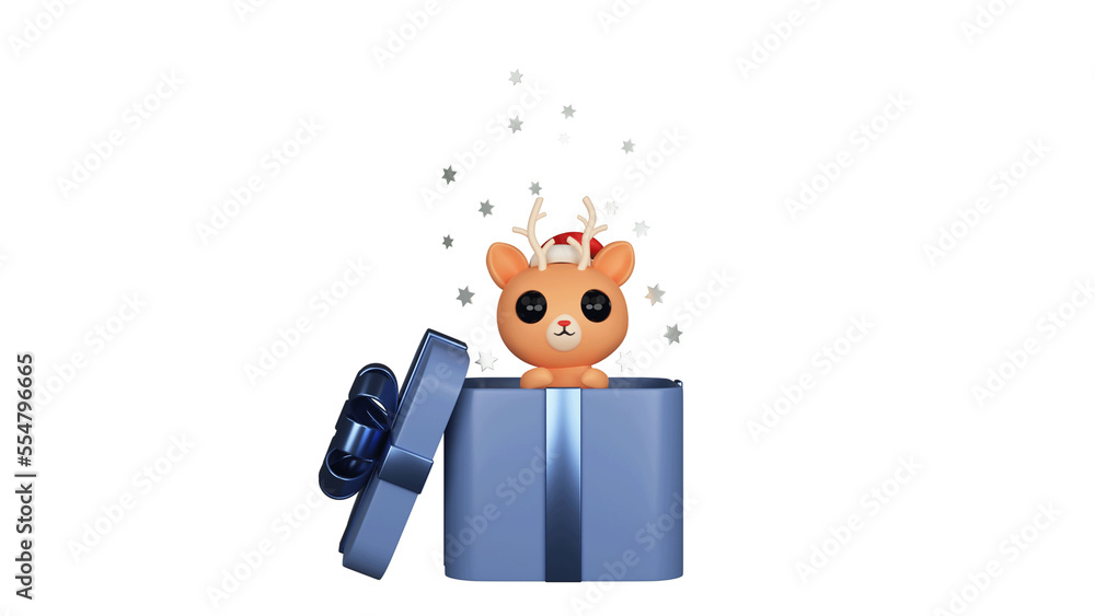 Sticker 3D Render Of Cartoon Reindeer And Stars Popping Out From Surprise Box Element.