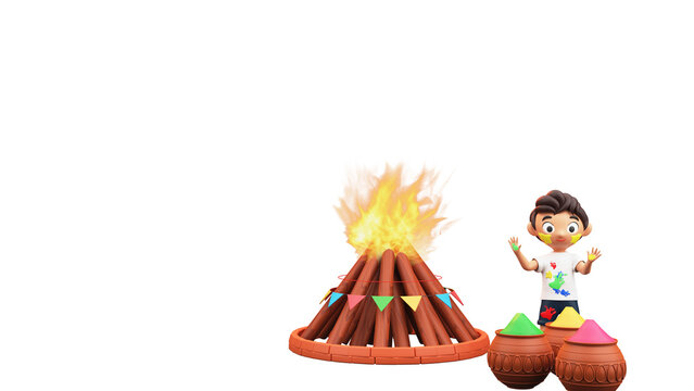 Holi Festival Element With Cartoon Boy Playing Color In 3D Render.