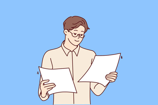 Concentrated man holding two sheets of paper in hands reading report for company management. Successful guy office worker in white shirt is standing studying documentation. Flat vector design 
