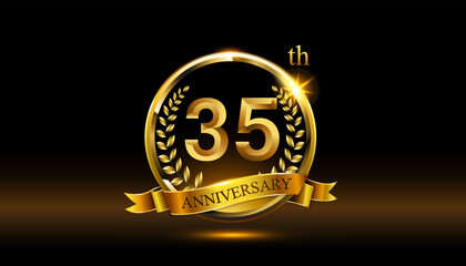 35th anniversary logo with golden ring, confetti and Gold ribbon isolated on elegant black background, sparkle, vector design for greeting Cath and invitation Cath