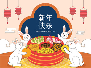 Chinese New Year Celebration Background With Six Partition Box Full Of Festival Elements And Funny Bunnies Illustration.
