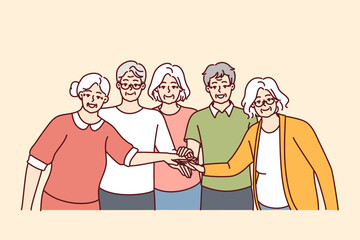 Elderly men and women with gray hair stand with hands outstretched to center demonstrating solidarity. Friendly pensioners from nursing home in casual clothes smiling. Flat vector image