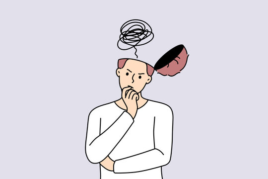 Pensive young man with open head think of problem solution or generate idea. Confused male brainstorm solve trouble or look for innovative thought. Vector illustration. 