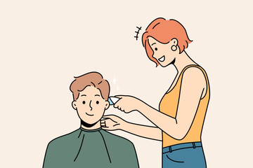 Smiling male client get hairdo in barbershop. Female barber give hairstyle to happy man customer in saloon. Beauty and haircare. Vector illustration. 
