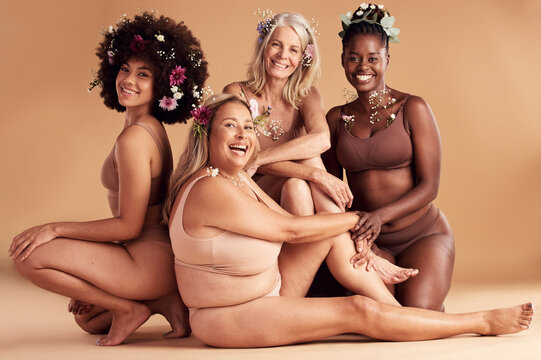 Flowers, diversity and portrait of body positive women happy with self care, creative beauty design and confidence. Group solidarity, lingerie and empowerment of floral girl friends with self love