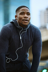 Breathe, black man and fitness break for city workout, wellness exercise and running outdoors....