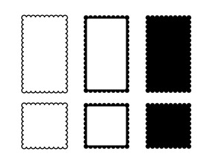 Square scalloped frame. Scalloped edge rectangle shape. Simple label and sticker form. Flower silhouette lace frame. Repeat vintage frill ornament. Vector illustration isolated on white background.