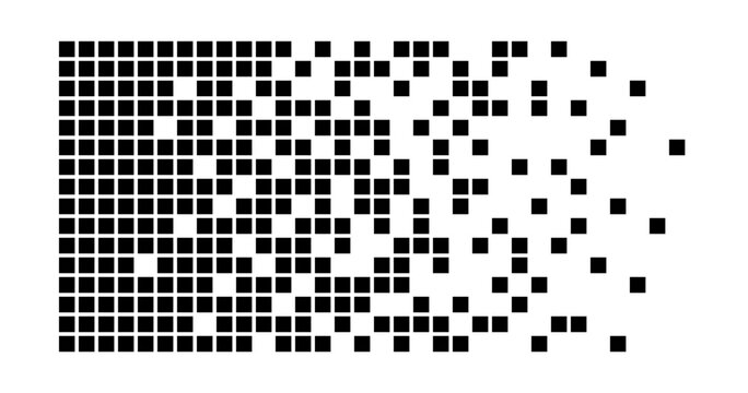 Pixel disintegration background. Halftone fragment. Dispersed dotted pattern. Concept of disintegration. Square pixel mosaic textures with square particles. Vector illustration on white background.