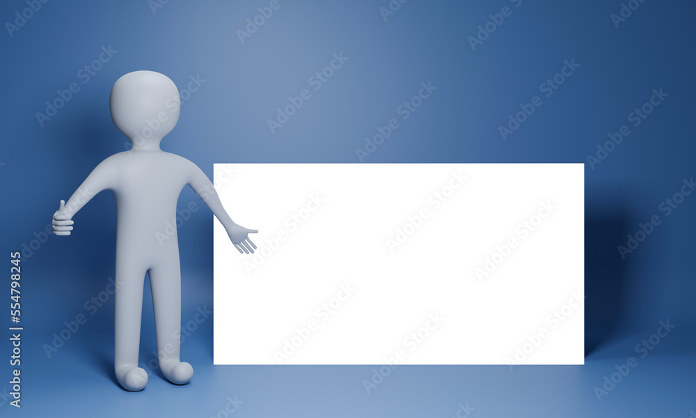 Poster 3d render of clay character as a presenter showing thumbs up and empty white paper or board on blue 