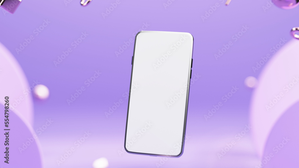 Poster 3d rendering smartphone with empty screen on gradient purple abstract background.