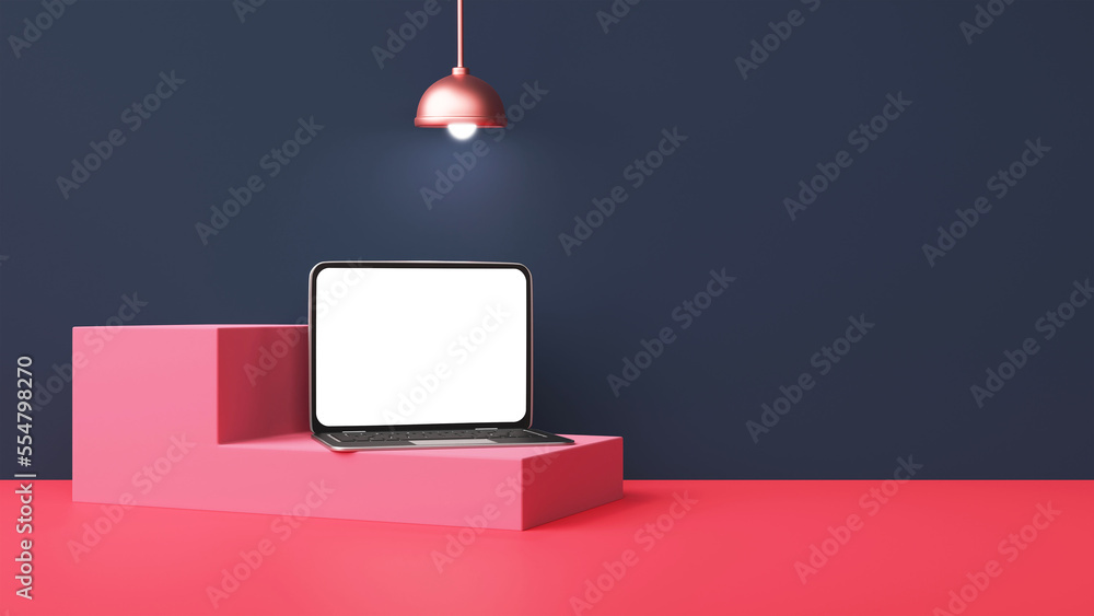 Poster 3d render empty laptop mockup over podium with illuminated ceiling lamp on slate and light red backg