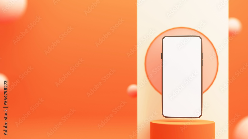 Poster 3d rendering smartphone with empty screen on podium orange background.