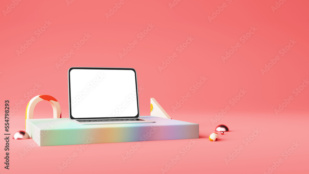 Poster 3d render empty laptop mockup over gradient podium with geometric element on light red background.
