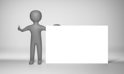 3D Render Of Human Holding Blank White Paper Or Board And Showing Thumbs Up On Gray Background.