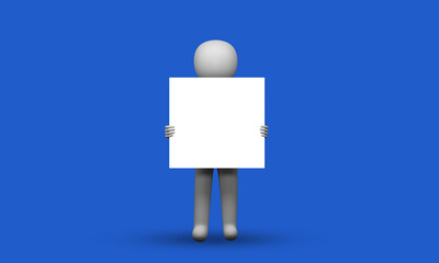 3D Render Of Clay Character As Presenter Holding Empty White Paper Against Blue Background.
