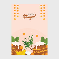Happy Pongal Greeting Card With Festival Elements Decorated On Pink Background.