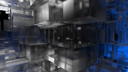A set of many clear glass cubes that are collapsing under blue-black lighting background. Conceptual 3D CG of blockchain, financial system and personal data analysis.