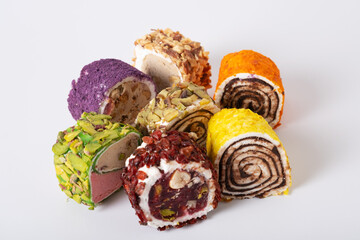 Turkish national traditional sweets. Turkish delight with different flavors, assorted. Southwest Asian Dish