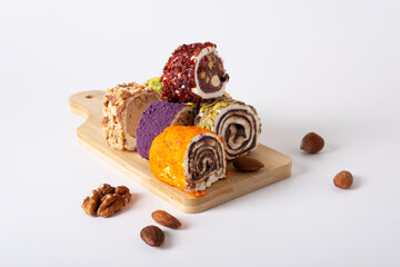 Assorted traditional Turkish sweets on a white background. Southwest Asian Dish