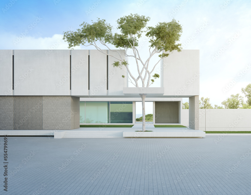 Poster beach house with empty concrete floor for car park. 3d rendering of big tree in modern sea view home