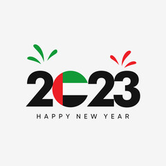 Happy New 2023 Year with flag of UAE. Suitable for greeting card, poster and banner.