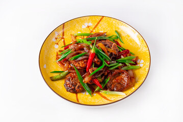 Meat cutlets with vegetables, herbs, red hot pepper on a white background