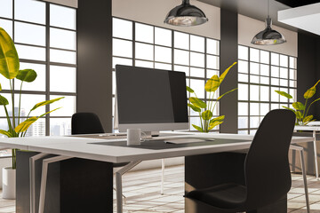 Modern coworking office interior with empty mock up computer monitor, furniture, window with city view and daylight. 3D Rendering.