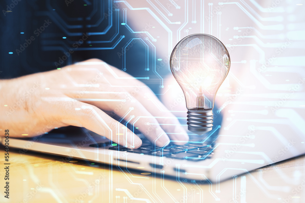 Poster Close up of businessman hands using laptop with abstract circuit and lamp hologram on blurry background. Digital idea and data concept. Double exposure.
